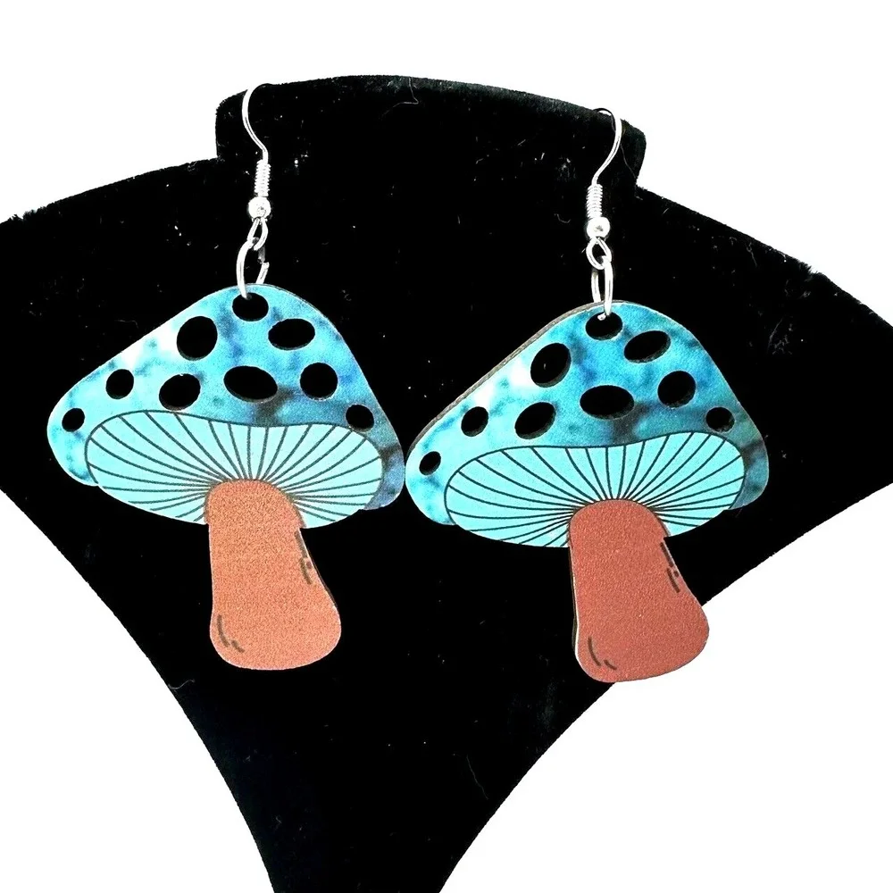 Blue Mushroom Earrings Dangle Drop Whimsical Fungi Jewelry Women - Picture 1 of 7